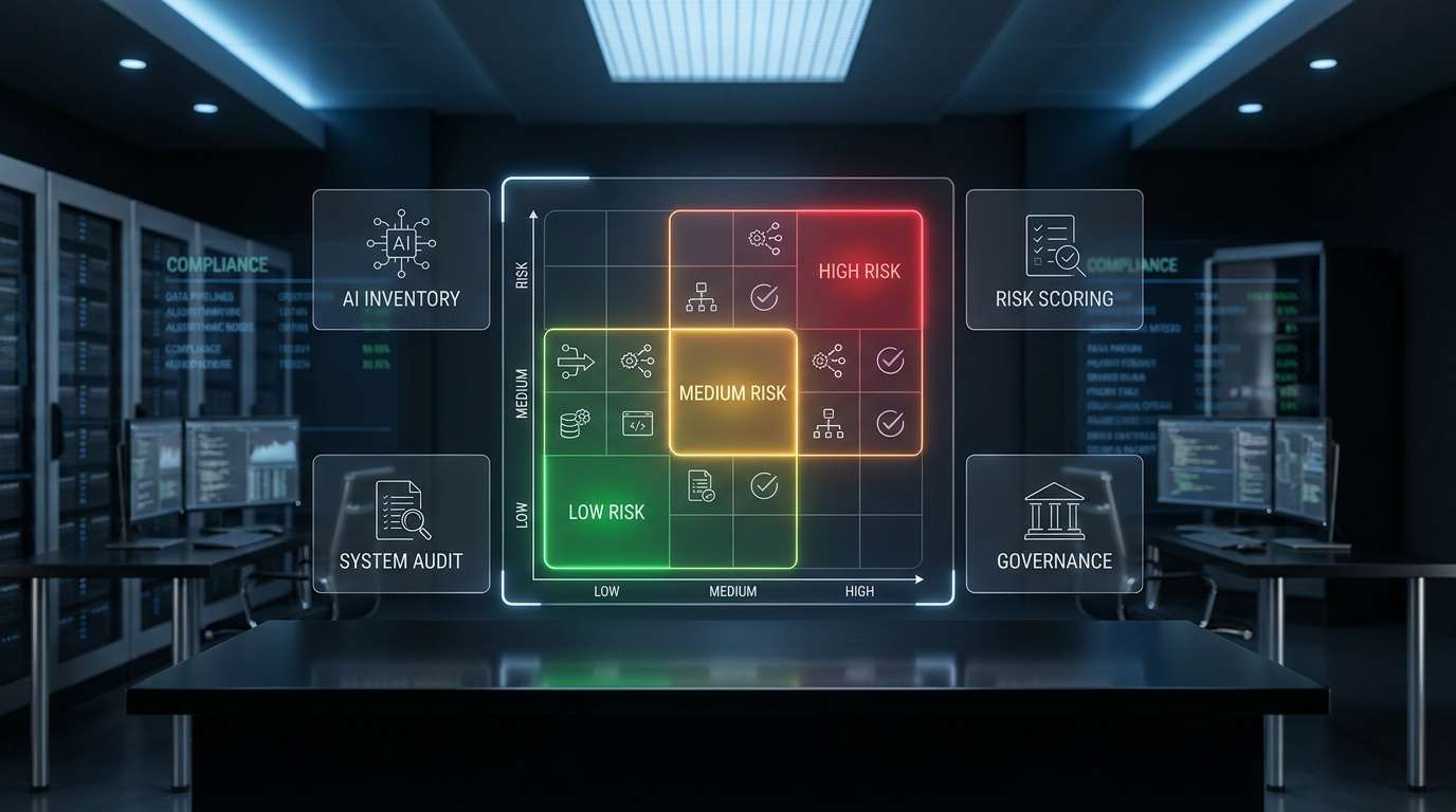 AI risk assessment framework for UK businesses showing audit dashboard with risk scoring matrix